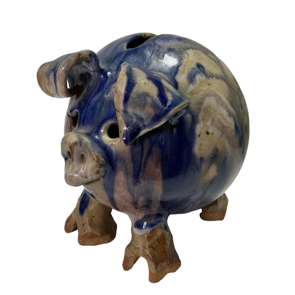 Art Pottery Piggy Bank Coin Bank Handmade Blue Drip Glaze Studio Pottery